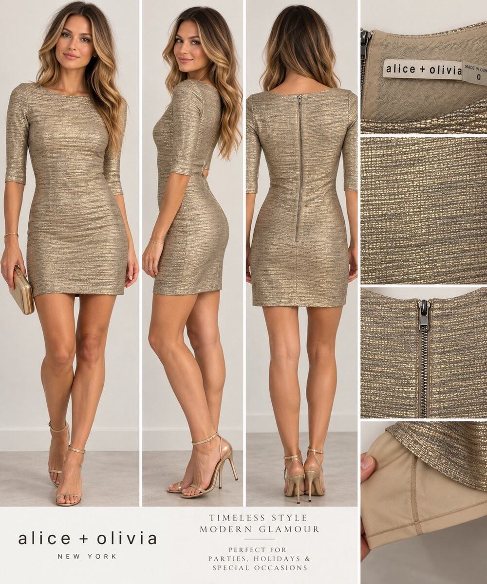 Alice + Olivia Gold Metallic Shimmer Mini Dress Size 0 3/4 Sleeve
